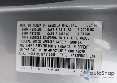2014 Honda Accord Ex-L из США, поврежденный, VIN 1HGCT1B80EA010995